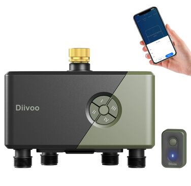 Таймер поливу Diivoo WLAN з 4 виходами, латунні з'єднання, 12 програм, сумісний з Alexa/Google, датчик дощу для саду, газону, балкону