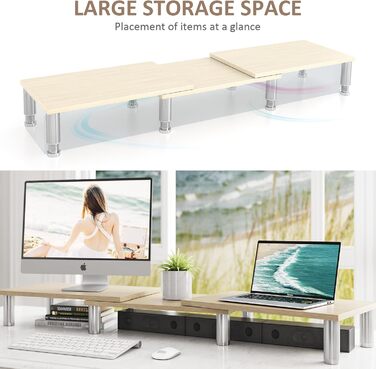 Підставка для двох моніторів AX Waber Dual Monitor Riser, регульована довжина та кут нахилу, дерев'яна підставка з місцем для зберігання, біла