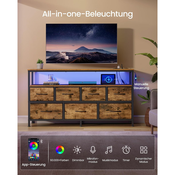 SONGMICS BELLAH: Комод, шафа, LED-підсвічування, тумба з зарядкою, індустріальний стиль, вінтажний коричневий + чорний, 7 ящиків, LGS723KD01
