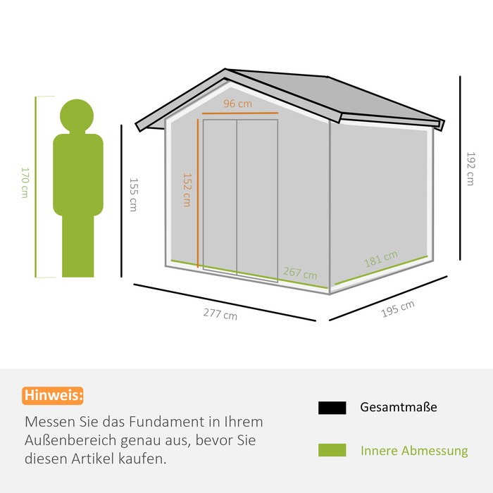 Outsunny Garden Shed Металевий садовий сарай з фундаментом світло-зелений 277 x 195 x 192 см