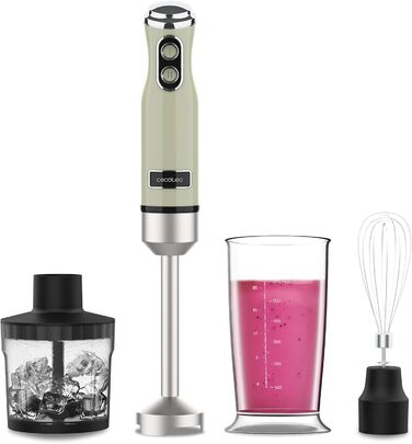 Блендер Cecotec Power RetroGreen 1200MAX Cream&Crush, 1200 Вт, CrossBlades, 2 швидкості, набір аксесуарів, захист від бризок, для подрібнення та змішування, занурювальний, мийка в посудомийці