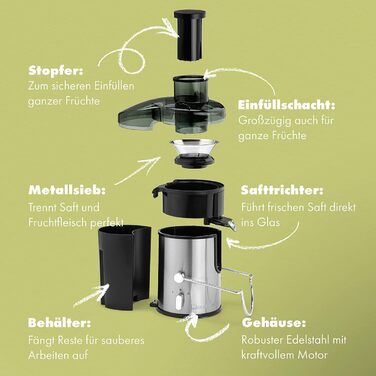 Електричний соковитискач Clatronic AE 3666: для овочів та фруктів, великий завантажувальний отвір, Slow Juicer, 400W, система Tropfstopp, легке очищення