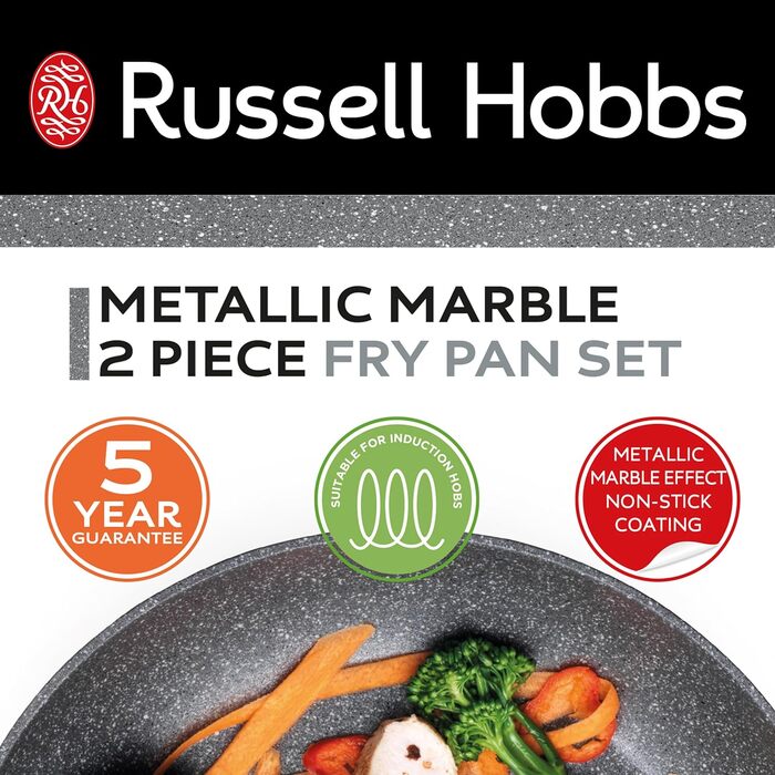 Набір сковорідок Russell Hobbs Metallic Marble, антипригарні, 20/24 см, для індукції, легкий литий алюміній, м'які ручки, для здорового приготування з мінімальною кількістю олії, 2 штуки