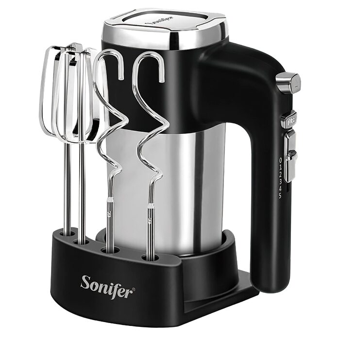 Ручний міксер Sonifer 500W з нержавіючої сталі, 5 швидкостей + турбо, 2 гачки для тіста, 2 вінчики, миється в посудомийній машині
