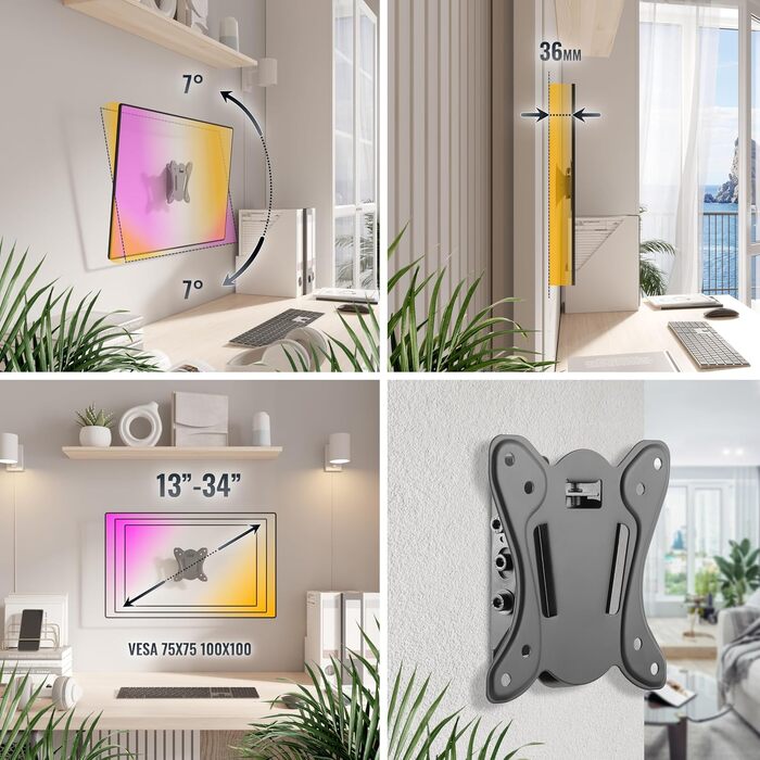 Настінний кронштейн для монітора та ТВ RICOO N0611/N0911, для екранів 13-34 дюймів, VESA 75x75/100x100 мм, нахил, до 25 кг, Slim дизайн