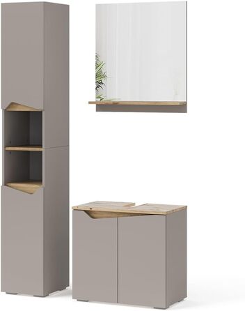 Висока шафа для ванної Vicco Marelle, грейж/дуб Артизан, 30x180 см, з дверцятами та відкритими полицями