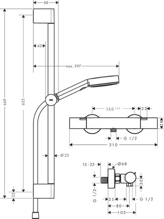 Змішувач Hansgrohe Ecostat Fine для ванни з термостатом (40°C) та двома виходами, комплект з душовою лійкою та штангою (65 см), хром