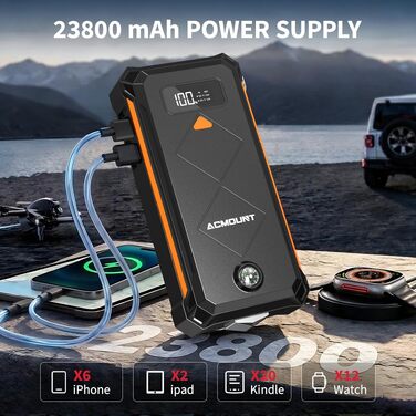 Бустерний пускач Acmount P110 7000A Powerbank для авто (12л бензин/10л дизель) з LED-ліхтарем, компасом та молотком для PKW, SUV, мотоциклів, газонокосарок, помаранчевий