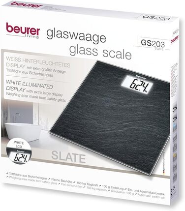 Ваги підлогові Beurer GS 203 Slate, скло, дизайн під сланець, великий LCD-дисплей, вантажопідйомність 150 кг