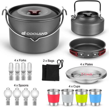 Набір туристичного посуду Odoland для кемпінгу та пікніка, легкий посуд для готування на природі, для рюкзачних походів, відпочинку та кемпінгу