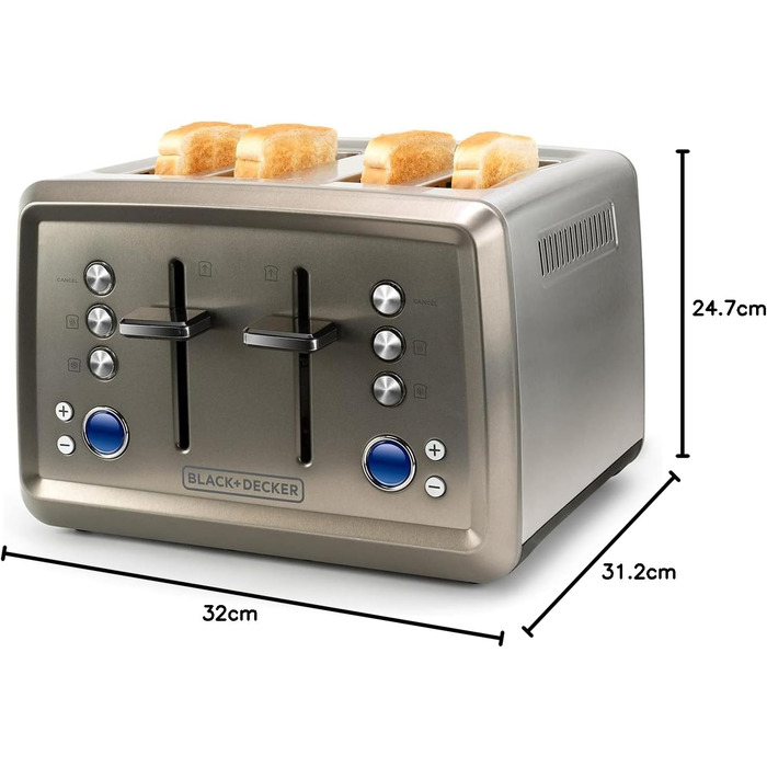 Тостер BLACK+DECKER BXTO1960E 1960Вт, 4 слоти, 6 режимів, цифрове налаштування, підігрів і розморожування, автоматичне центрування, підігрівач для булочок