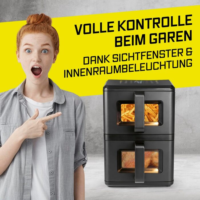 Аерофритюрниця GOURMETmaxx AirGenius 10Л з двома камерами по 5Л, сенсорним керуванням та 10 програмами приготування, подвійна чаша для родини до 8 осіб