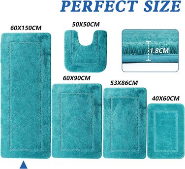 SOANNY килимок для ванної 60x150 см, мікрофібра, м'який, нековзний, праний, бірюзовий, для ванної, душу, спальні та кухні