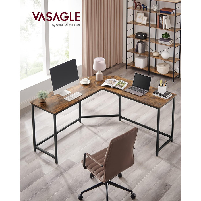 VASAGLE кутовий письмовий стіл L-подібний для геймінгу та роботи, 149x149x76 см, економія простору, простий монтаж, вінтажно-коричневий з чорним