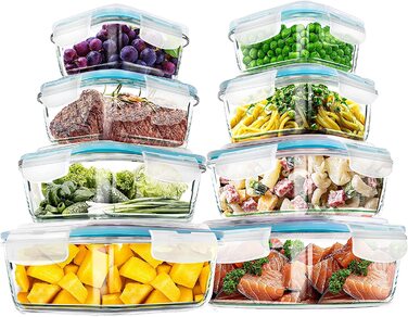 KICHLY 16 шт. скляних контейнерів для зберігання продуктів з кришками – прозорі герметичні харчові ємності, без BPA, не протікають, преміум якість