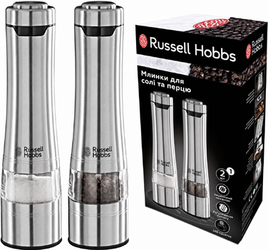 Електричний набір млинків для солі та перцю Russell Hobbs, 2 шт, нержавіюча сталь, керамічний механізм, регулювання помолу, LED підсвітка