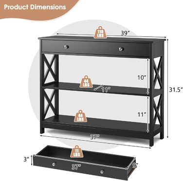 Консольний стіл GIANTEX чорний 100x30x80 см з висувною шухлядою та 2 полицями, вузький стіл у передпокій, сучасний декор-столик, тумба з захистом від перекидання