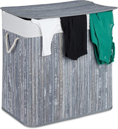 Сортувальник для білизни Relaxdays, 3 секції, з кришкою, прямокутний, 62x62,5x42,5 см, бамбук, сірий/білий