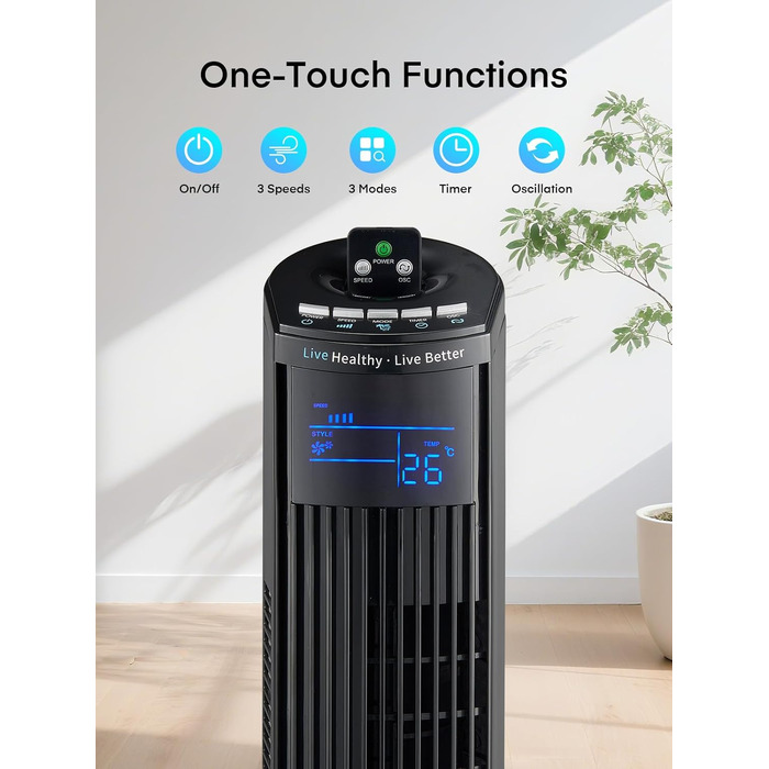 Вентилятор підлоговий FOHERE Leiser Turmventilator 91 см з пультом, таймером та нічним режимом, чорний