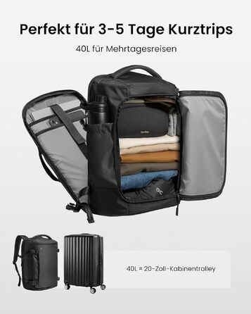 Дорожній рюкзак tomtoc 40L для подорожей та перельотів, TSA-сумісний рюкзак для ручної поклажі, чорний Ripstop, 40 літрів