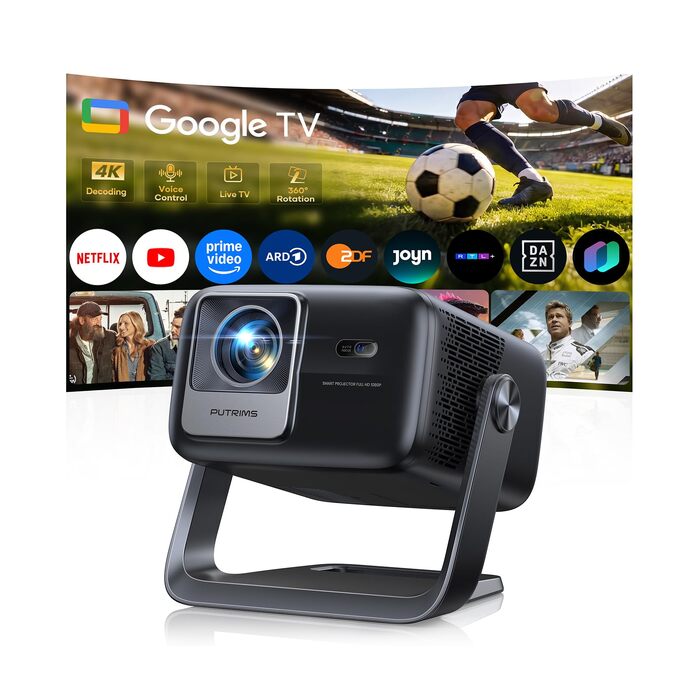Smart Beamer 4K з Google TV та Bluetooth: LED проєктор для дому та вулиці з автофокусом, HDR10, WiFi, 360° обертання, підтримка HDMI