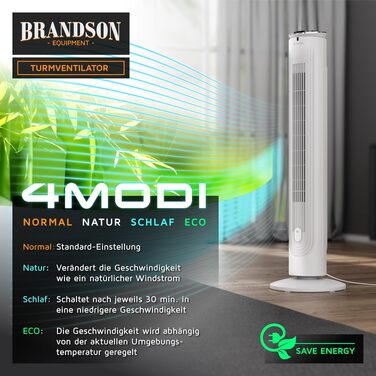 Вентилятор вежний Brandson з аромадифузором, нічний режим, тихий, пульт ДУ, 4 режими, 5 швидкостей, LED дисплей - білий