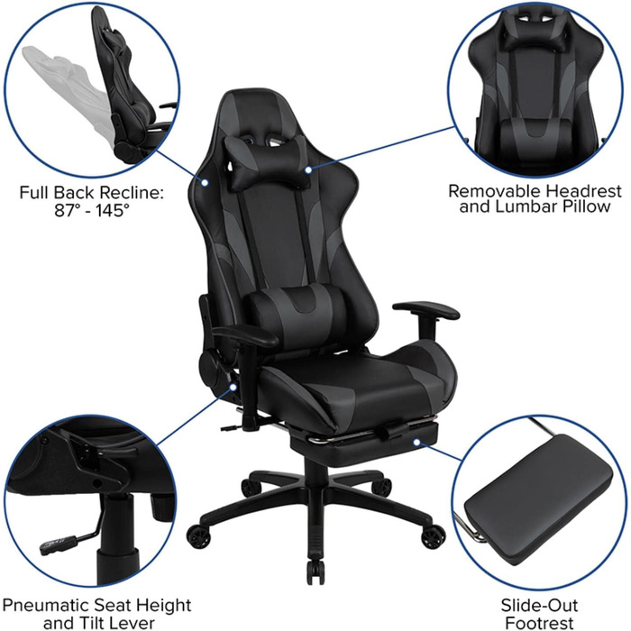 Ігрове крісло Flash Furniture X30, ергономічне, з повністю регульованою спинкою та висувною підставкою для ніг, LeatherSoft, сіре, стиль автоспорт, 1 шт.