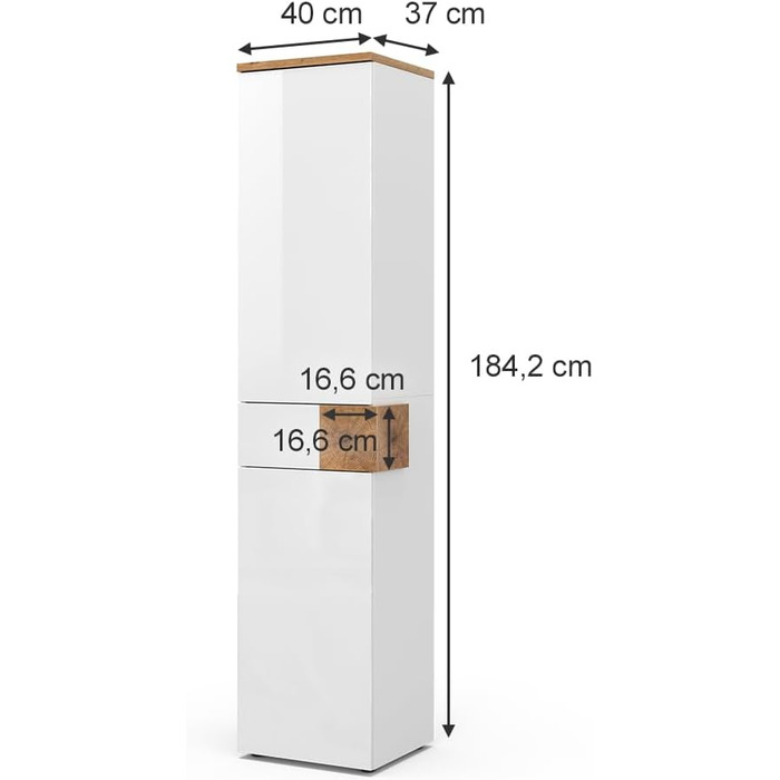 Високий шафа для ванної Vicco Eden, білий глянець/дуб Артизан, 40x184,2 см, 2 двері, шухляда