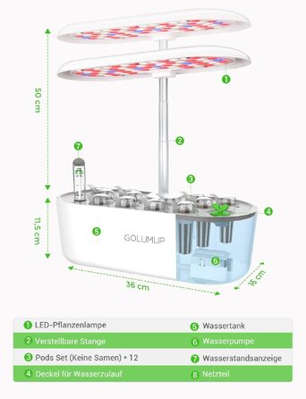 Smart Garden: Гідропонна система для вирощування зелені з LED лампою 26W та 12 капсулами. Регульована висота до 50 см.