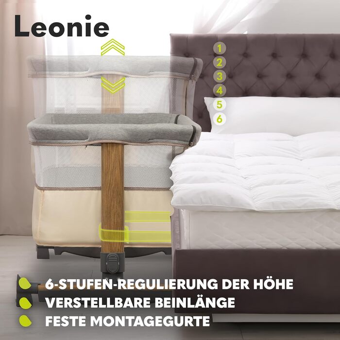 Дитяче ліжечко 3-в-1 Lionelo Leonie з маятниковою функцією, 5-рівневе регулювання висоти, нахил, матрац, знімна бокова стінка, колеса, бічна кишеня, легке транспортування