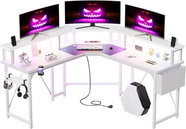Ігровий стіл Devoko L-подібний 153x153 см з LED підсвічуванням, 2 розетками та 2 USB портами, кутовий комп'ютерний стіл з полицею для монітора, вугілляно-чорний
