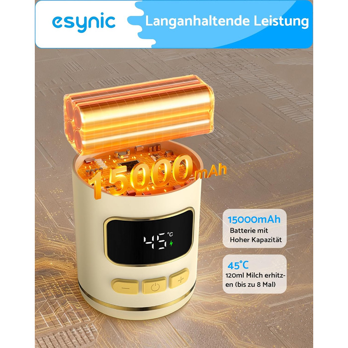eSynic Підігрівач для пляшечок 450 мл з акумулятором 15000mAh, нержавіюча сталь 316, швидкий нагрів за 2-3 хв, для грудного молока та води, USB-C, BPA-free, для подорожей та нічного годування