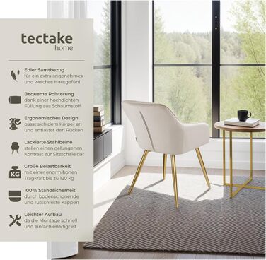 Крісло tectake® Esszimmerstuhl: зручне, з підлокітниками, оббивка з велюру, для вітальні, їдальні, офісу. Набір 6 шт. Колір: пудровий/золотий