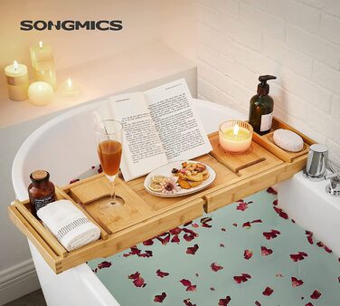 Розсувна полиця для ванни SONGMICS з бамбука, з підставкою для книги, тримачем для напоїв і мила, регульована, 75-109 x 4,5 x 23 см, натуральна