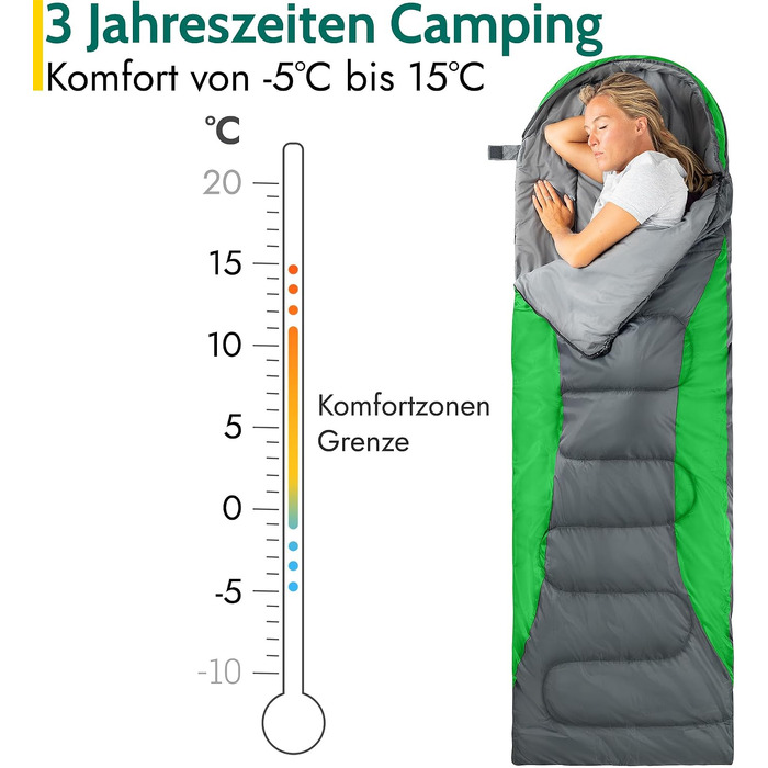 Легкий трисезонний спальний мішок Trail-Alpin з капюшоном та компресійним мішком, 250 г (Зелений)