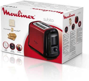 Тостер Moulinex LT261D Subito, 850 Вт, 2 слоти, червоно-чорний, з підставкою для булочок, регульовані ступені підсмажування, розморожування та підігрів