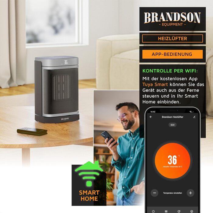 Керамічний обігрівач Brandson з Wi-Fi, тихий, енергозберігаючий, з пультом керування, функцією осциляції, ECO-режимом, дитячим замком та таймером – для ванної, вітальні, офісу, дитячої кімнати