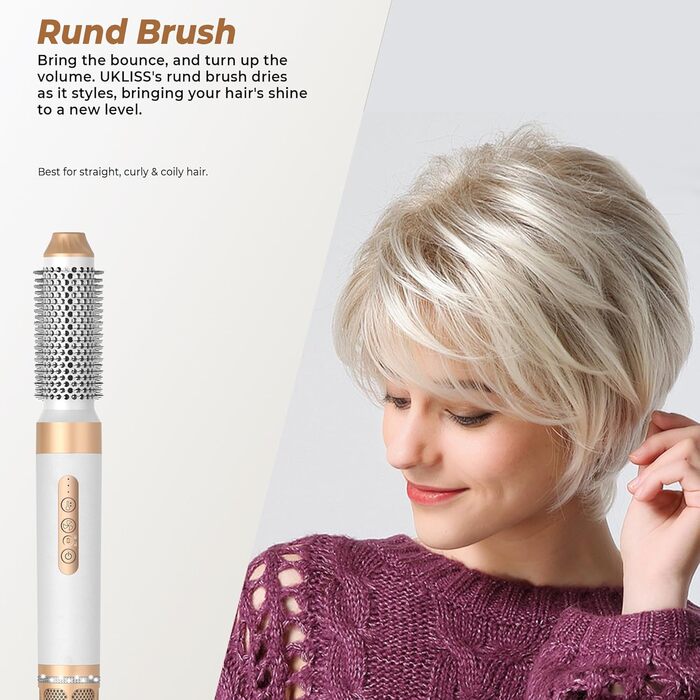 UKLISS Airstyler – багатофункціональний стайлер для волосся 7 в 1, фен-щітка з дифузором, автоматичний плойка, 110000 об/хв, для всіх типів волосся, білий
