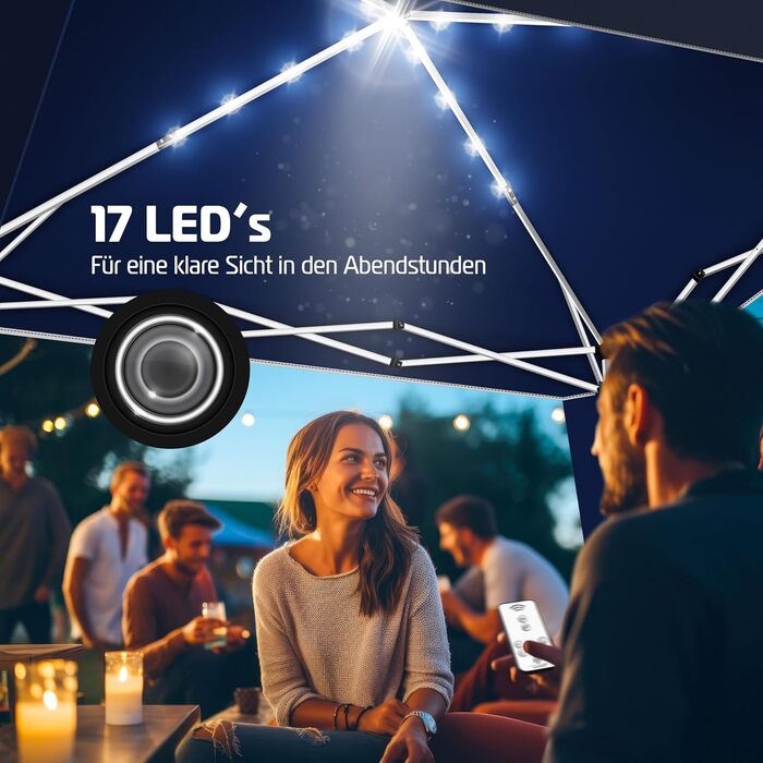 Павільйон KESSER 3x3 м з LED-підсвіткою на сонячних батареях, віддалене керування, водонепроникний садовий намет з регулюванням висоти, UV-захист 50+, сумка та анкери, синій