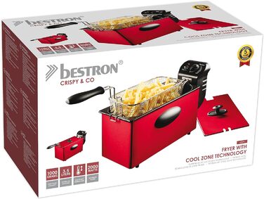 Фритюрниця Bestron 3.5 л з холодною зоною, регулятор температури, 2000 Вт, червона, підходить для миття в посудомийній машині