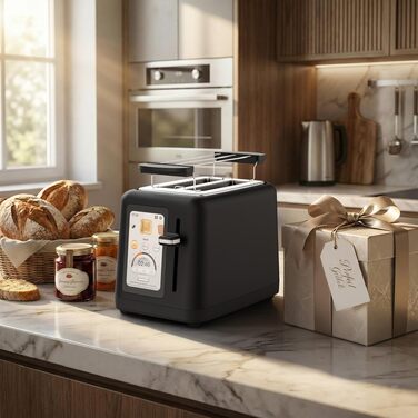Тостер aeco toastlab Elite 2-слотовий з підставкою для булочок, широкі слоти, 6 рівнів підсмажування, 10 програм, 850W, LCD-дисплей, функція підняття, розморожування, піддон для крихт