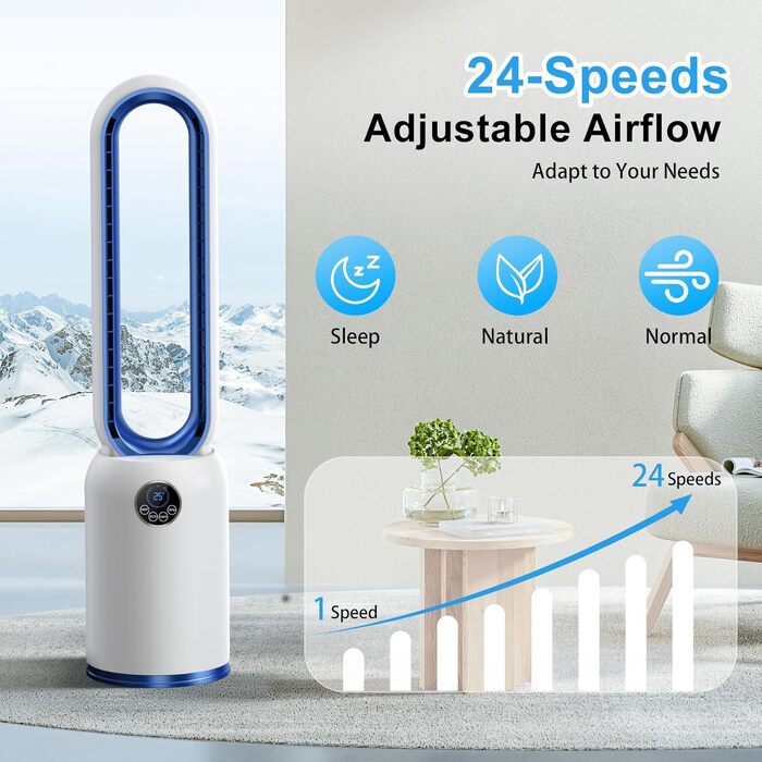 Безлопатевий вентилятор Turmventilator 88 см, з LED-дисплеєм, пультом, таймером 12 год, 90° осциляція для спальні/офісу (синій)