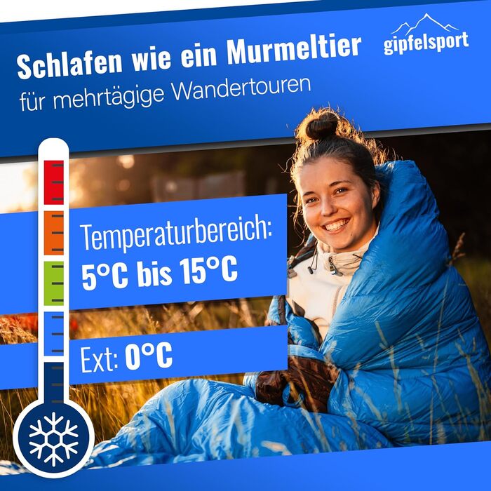 Легкий чотирисезонний спальний мішок Gipfelsport Ultraleicht (температурний режим від -20°C до 15°C), кокон для кемпінгу, трекінгу та outdoor, синій