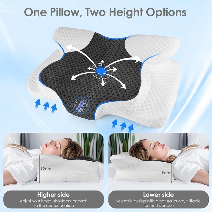Ергономічна ортопедична подушка для шиї з ефектом пам'яті (Memory Foam), регульована висота, для сну на боці, спині та животі, 63x42 см (Білий + Чорний)