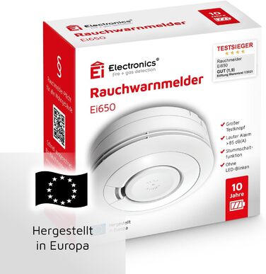 Датчик диму Ei Electronics Ei650, набір 5 шт, автономний, з батареєю на 10 років, білий, тестування Stiftung Warentest