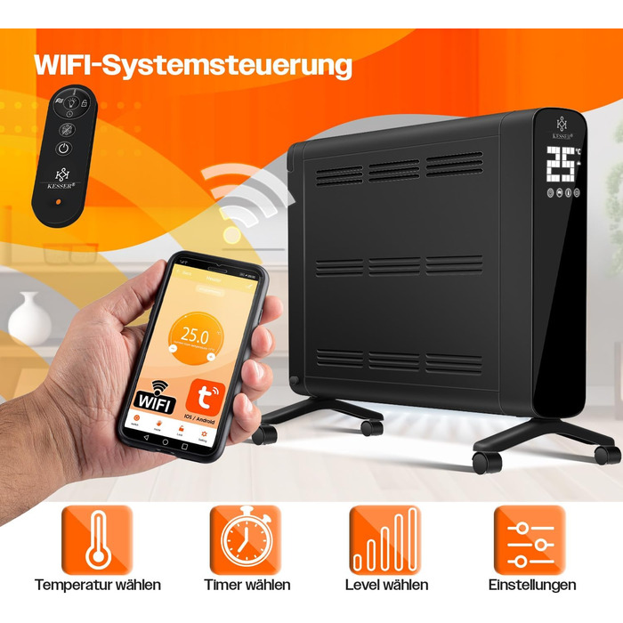 Електричний конвектор KESSER 1200/2400Вт, WiFi, термостат, таймер, сенсорний дисплей, економний, захист від перегріву, чорний