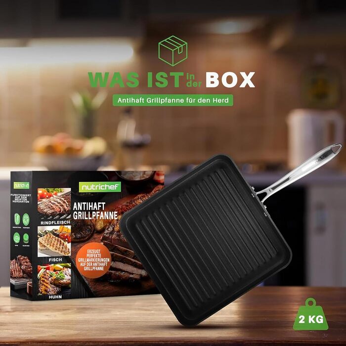 NutriChef Grillplatte 56см – чавунна гриль-пательня з антипригарним покриттям та жолобком для жиру, стійка до високих температур, для газового гриля та плити, BBQ та приготування їжі в приміщенні (28 см квадратна)