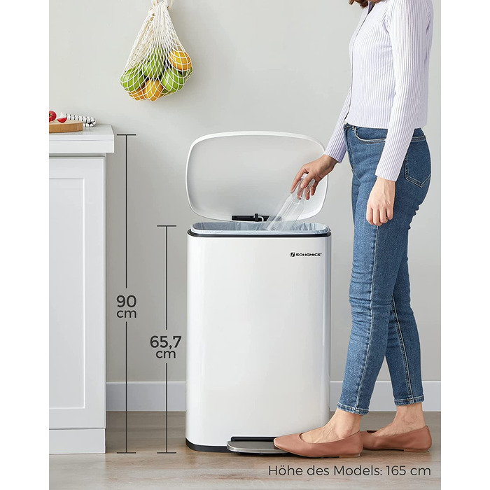 Смітник для кухні SONGMICS 50 л з педаллю, кришкою Softclose, білий, сталевий корпус, внутрішнє відро