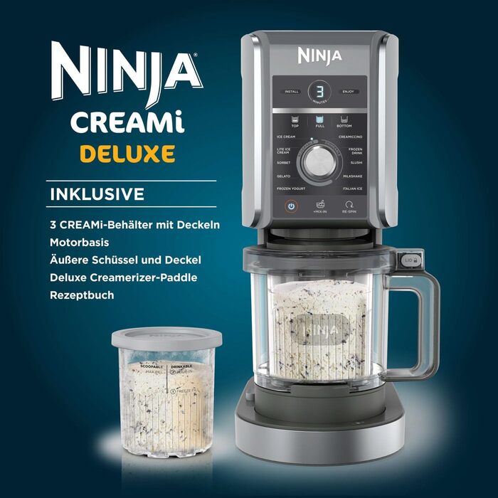 Морозивниця Ninja CREAMi Deluxe з 3 контейнерами, 10 функцій, для морозива, сорбету, йогурту, шейків, срібляста, NC501EU