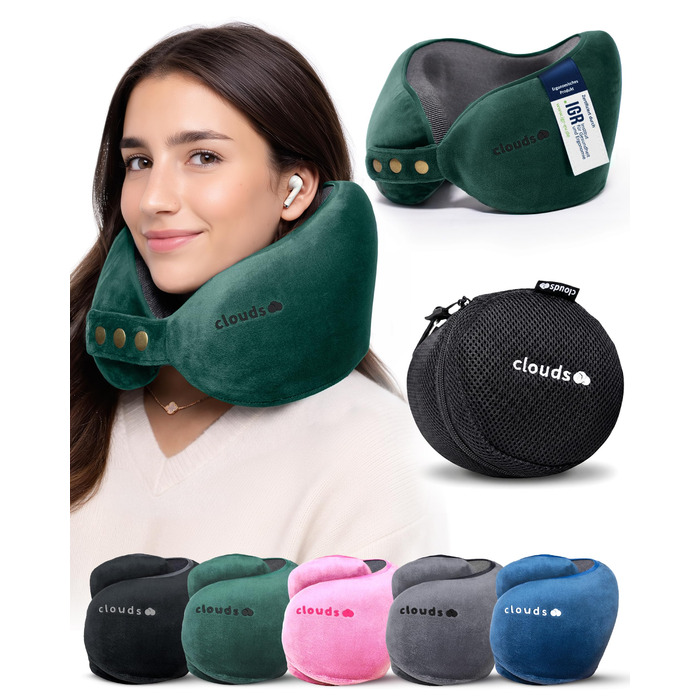 Подорожня подушка для шиї CLOUDS з ефектом пам'яті (Memory Foam) для літака та авто, регульований розмір L/XL, дихаюча м'яка оббивка, колір зелений